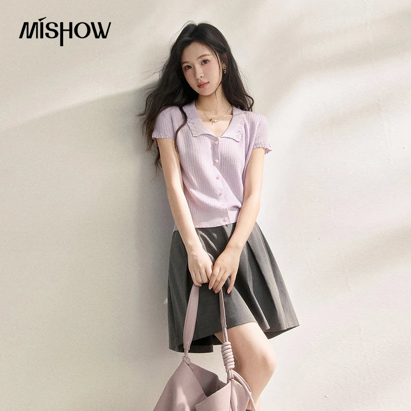 MISHOW New Linen Blended Collar Knitted T-shirt Short Sleeved Women's 2026 Summer Wave Edge Casual Short Thin Top MXF21Z3105