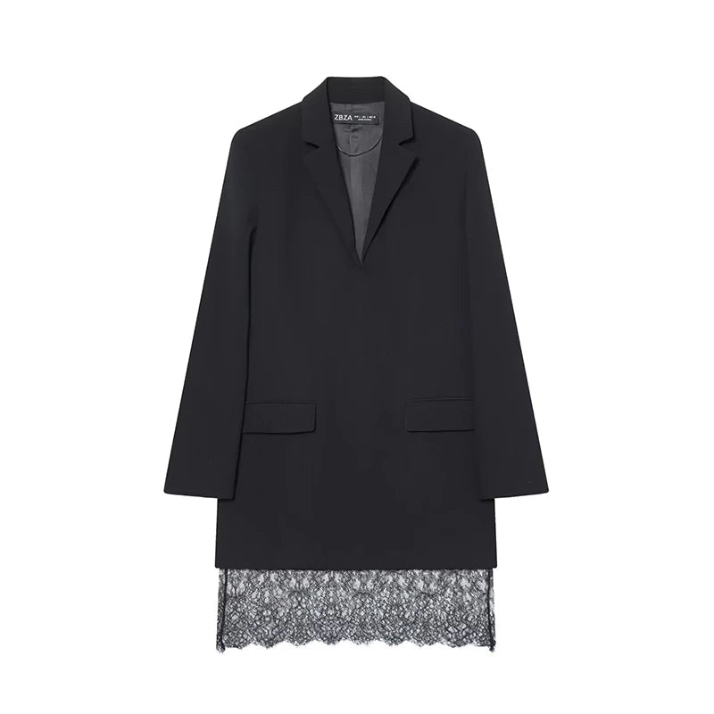 2025 New Fashion Lace Splicing Short Dresses for Women Long Sleeve Blazer Style Mini Dress Woman Chic Elegant Office Dress
