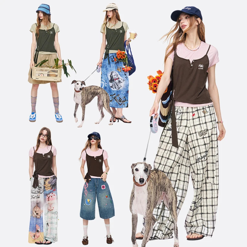 ELFSACK Women's Fake Two-Piece T-Shirt with Embroidered Cami Overlay, Tie Side Short Sleeve Top, Casual Slim Fit Tee for Streetw