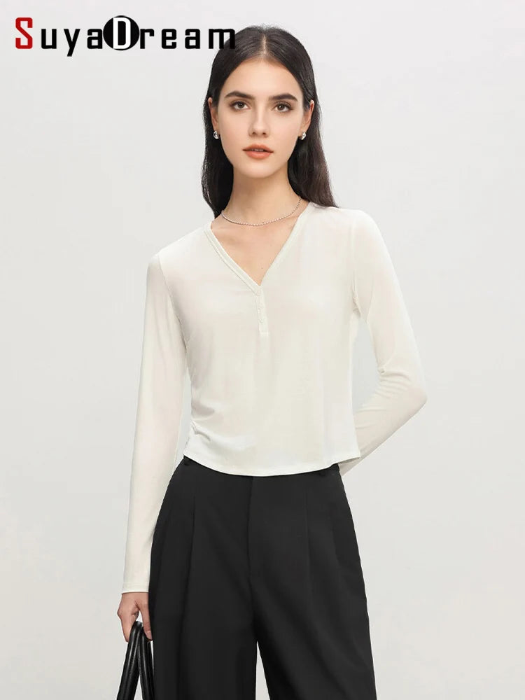 SuyaDream Women Solid Short T Shirts, Silk Viscose Blend, V Neck, Long Sleeved Tee, 2025 Spring Autumn Crop Top