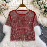 SHENGPALAE 2026 New Autumn Fashion Women Clothing Round Neck Short Sleeves Mesh Hollow Out Pullover T-shirt