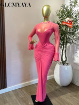 CM.YAYA Women's Flare Long Sleeve O-neck Ruched Mermaid Long Maxi Dress 2026 Street Mesh Sexy Party Cocktail Night Dresses