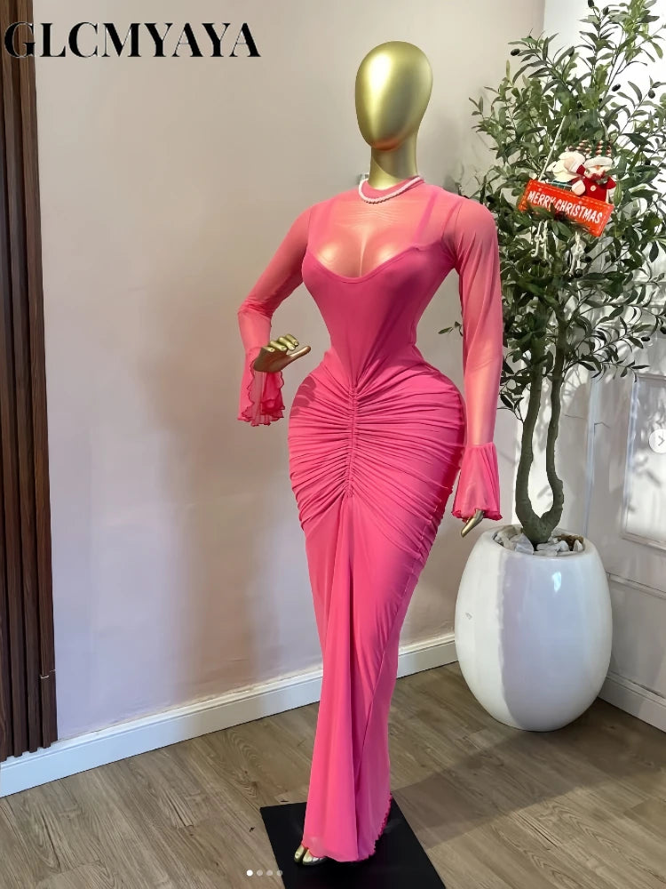 CM.YAYA Women's Flare Long Sleeve O-neck Ruched Mermaid Long Maxi Dress 2026 Street Mesh Sexy Party Cocktail Night Dresses