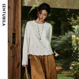 SENTUBILA Women Off White Long Sleeve T-Shirt 2026 Autumn Fall Ladies Tees Embroidery Cotton Blend Knitted Tops Woman 163TG7320