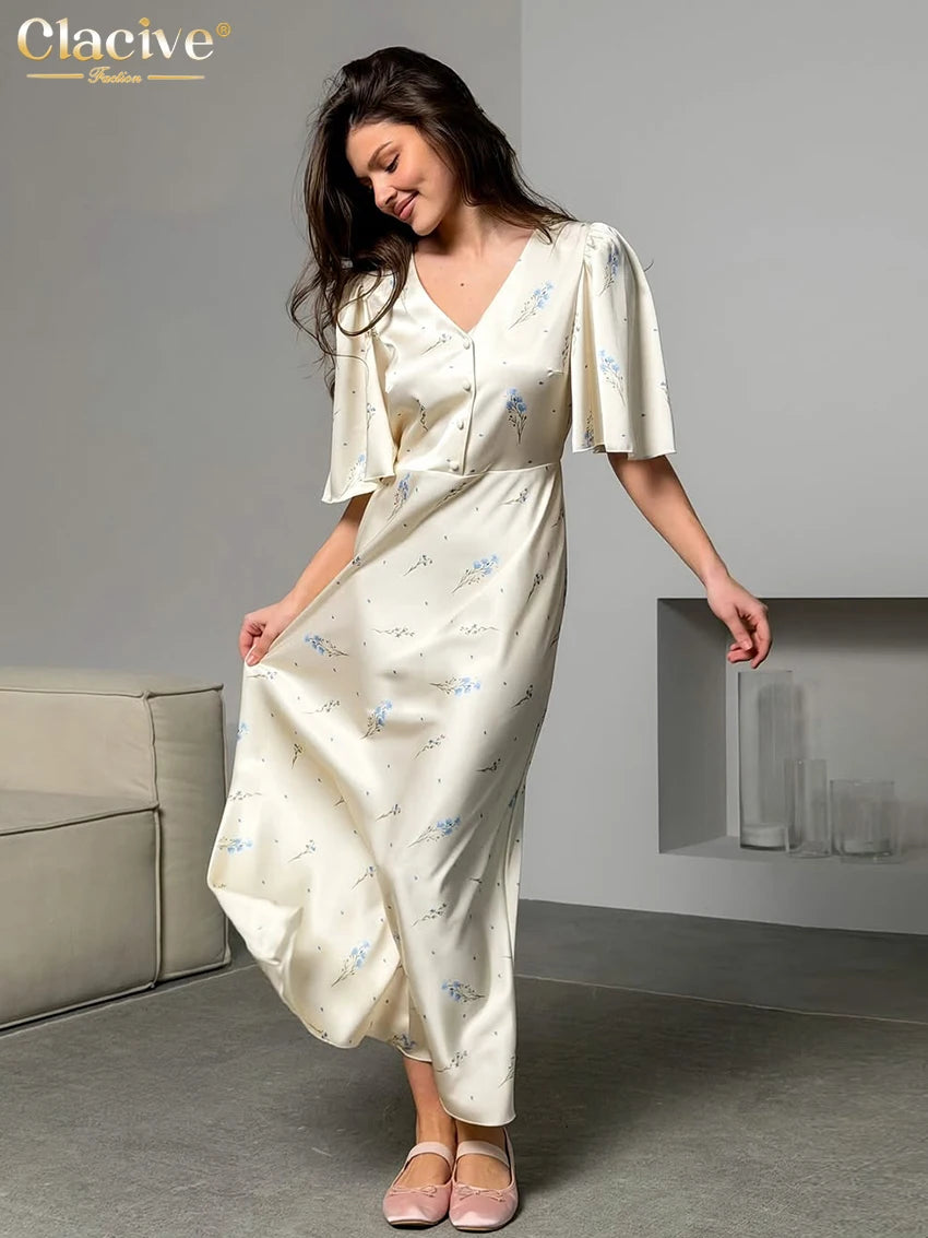 Clacive Summer Loose Print Women's Dress 2026 Sexy V-Neck Short Sleeve Ankle Length Dresses Elegant Classic Female Dress Streetw