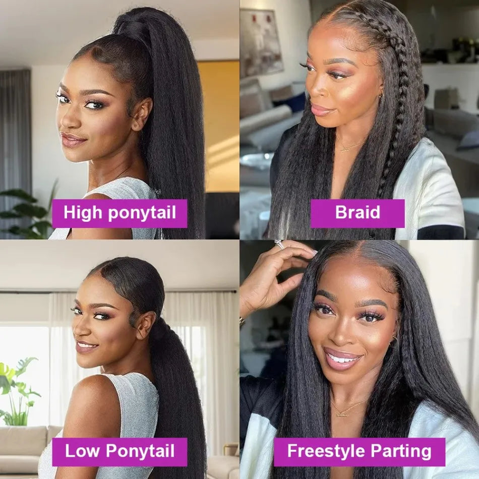 Kinky Straight 360 HD Lace Frontal Wigs Brazilian Human Hair 220 Density Black 360 Full Lace Wig Invisible Drawstring For Women
