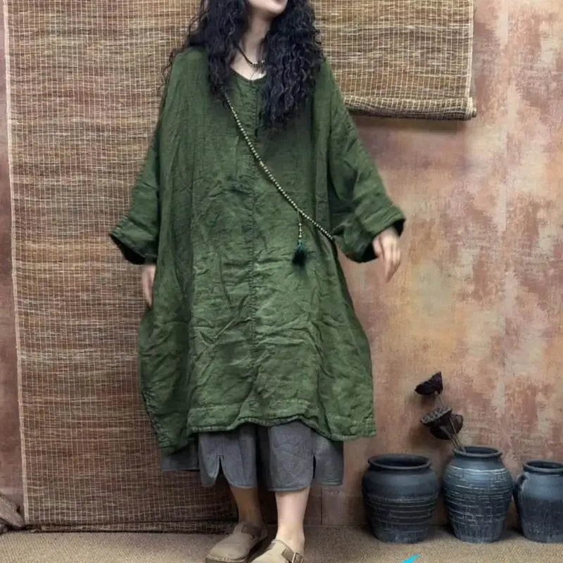 Spring Summer Arts Style Women O-neck Loose Batwing Sleeve Tee Shirt High Quality Linen Gradient Vintage Long Tops Tees T295