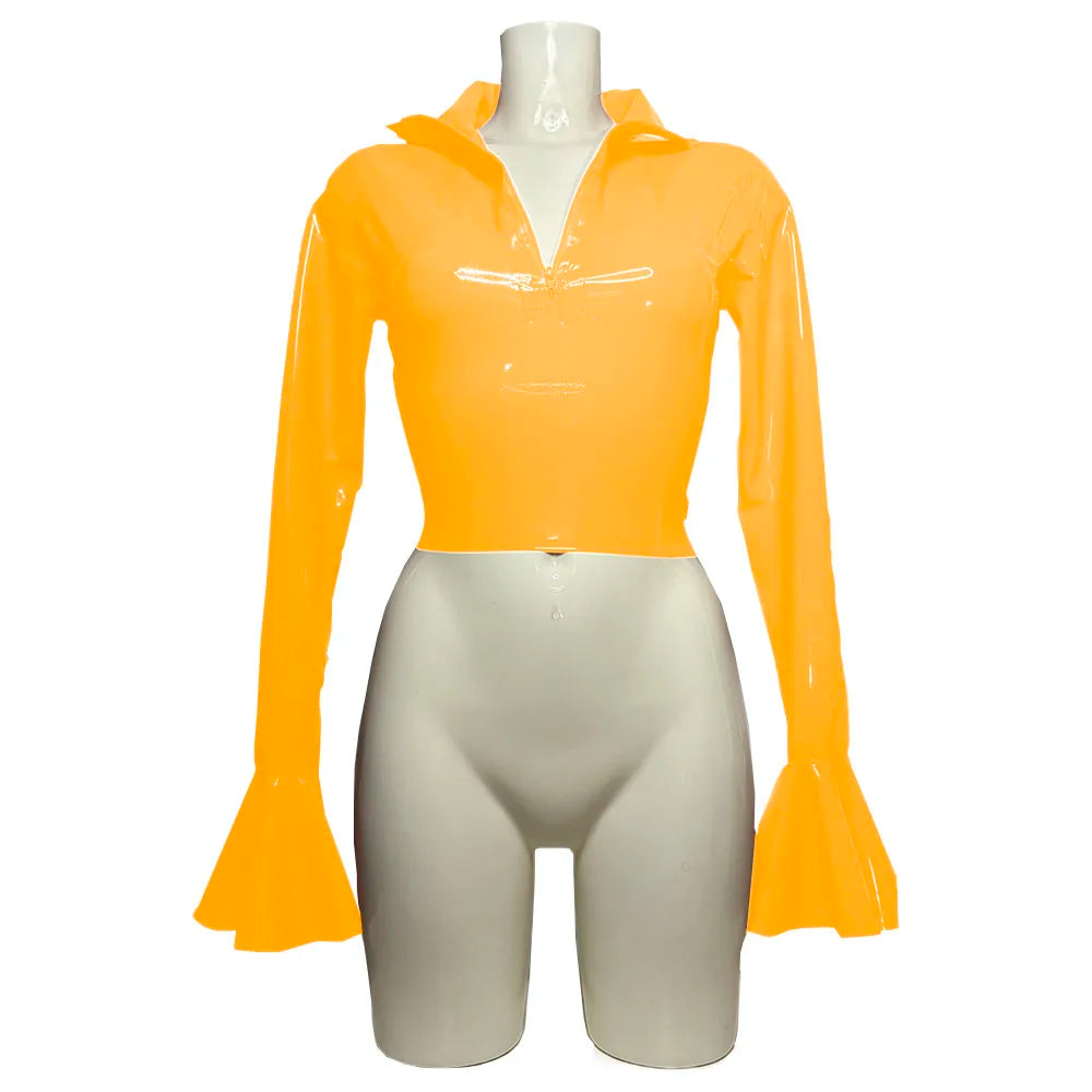 Punk Chic Flare Crop Tops,Long Sleeve,Vintage Pole Dance,Shiny PVC Leather T Shirt,Nightclub Fashion Tees,Female Pullover Blouse