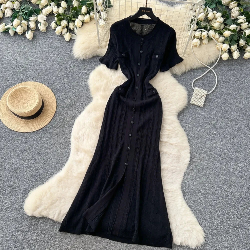 Summer Elegant Lady Knitted Single Breasted Long Dresses Women Solid Short Sleeve O Neck Button Bodycon Party Female Vestidos