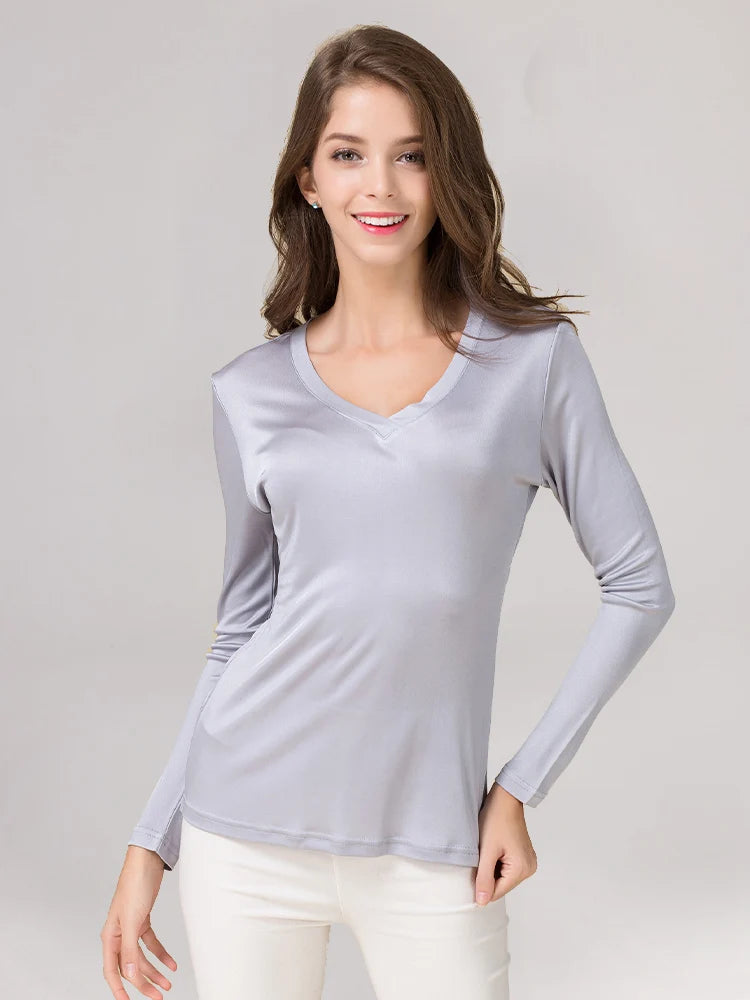 SuyaDream Women's Natural Silk Long Sleeve T-shirt V-Neck Solid Basic Top in Pink Blue Purple - Bottoming Shirt