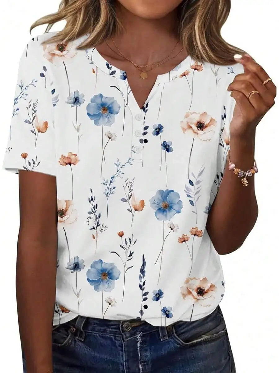 Womens Casual Short Sleeve V-Neck Floral Print Top