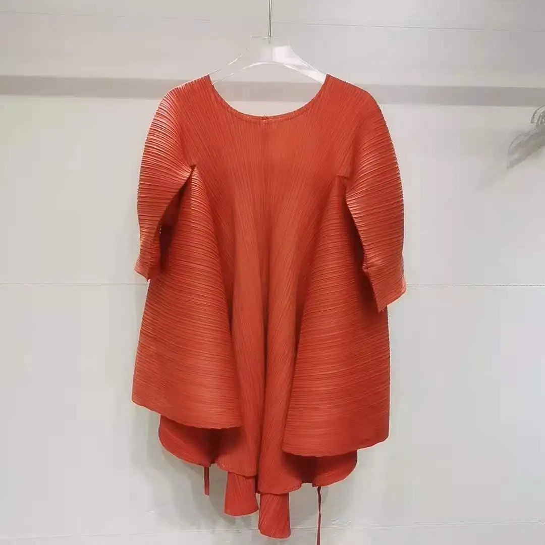 LANMREM Chic Summer New Pleated Women's T-shirt Loose-fitting Back Drawstring Design Irregular Mid Length Pullover Tops 2DB7256