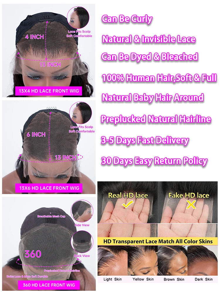 250 Density Body Wave 13x6 HD Transparent Lace Front Human Hair Wig 13x4 Lace Frontal Wigs 30 40 Inch 360 Pre Plucked Lace Wig