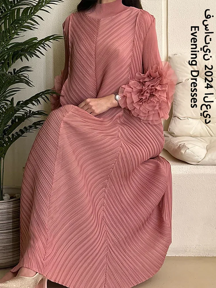 YUDX Luxury Purple Miyake Pleated High Neck Maxi Evening Dress, Ruffle Sleeve Women's Wedding Guest Ramadan Party Dress 2026 New