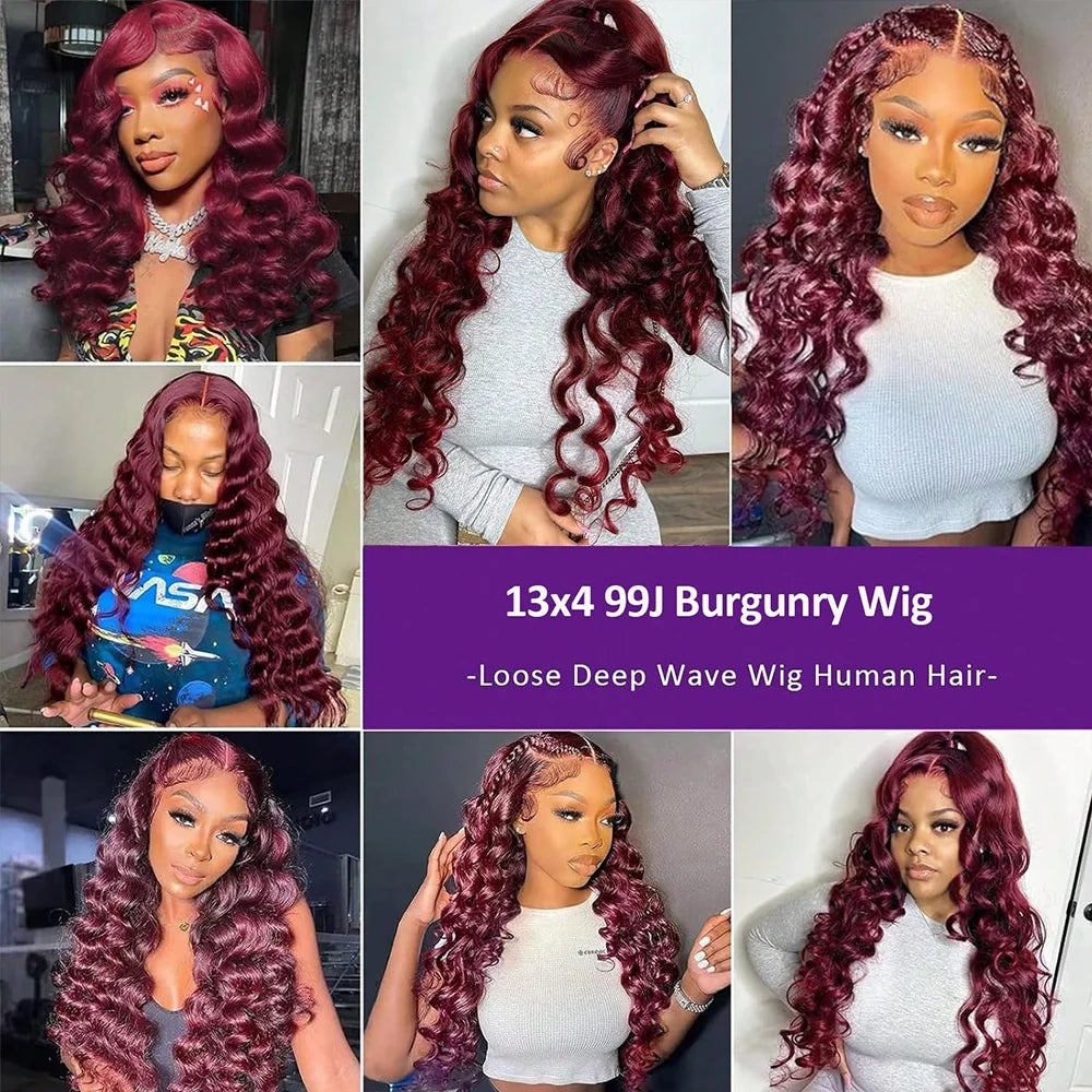 250% 13x4 HD Transparent 99J Burgundy Loose Wave Lace Front Wigs Deep