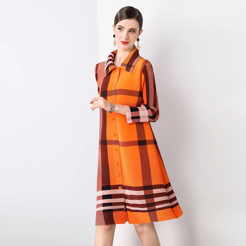 Autumn 2024 Arrival Miyake Fashionable Pleated Dress with Printed Stripes Chic Loose Collar Button Placket Color Locked Design
