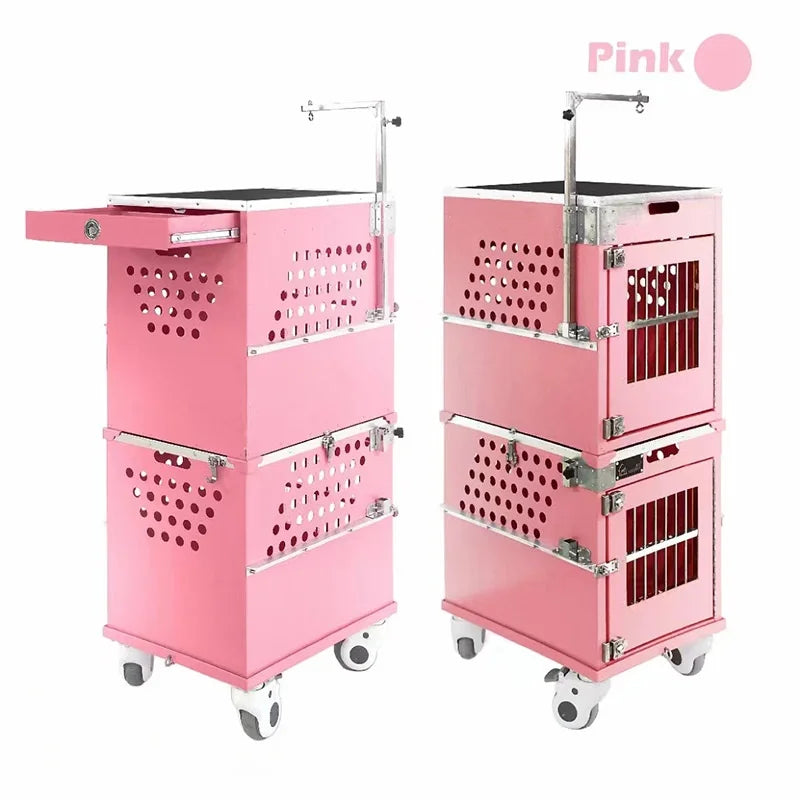 Stackable Lockable Aluminum Two Berth Double Decker Dog Show Cage Set Trolley Grooming Arm Drawer Button