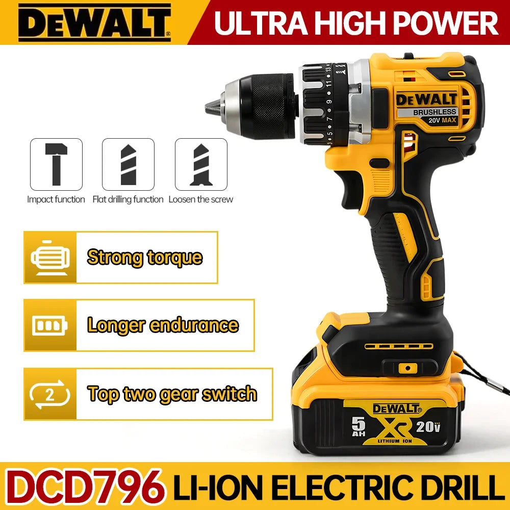 DEWALT DCD796 Compact Cordless Brushless Impact Drill 20V Battery Multi-functional Electric Power Tool with LED Light