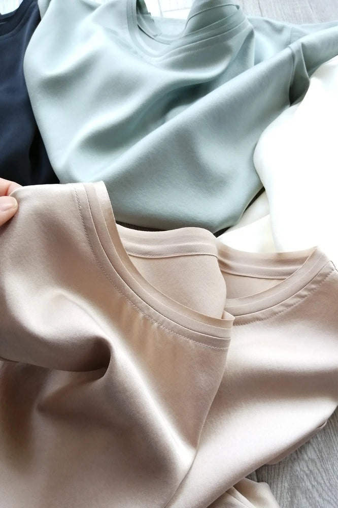25MM Heavy plain crepe satin silk short-sleeved T-shirt 2021 summer new small loose 4XL solid color mulberry silk top shirt
