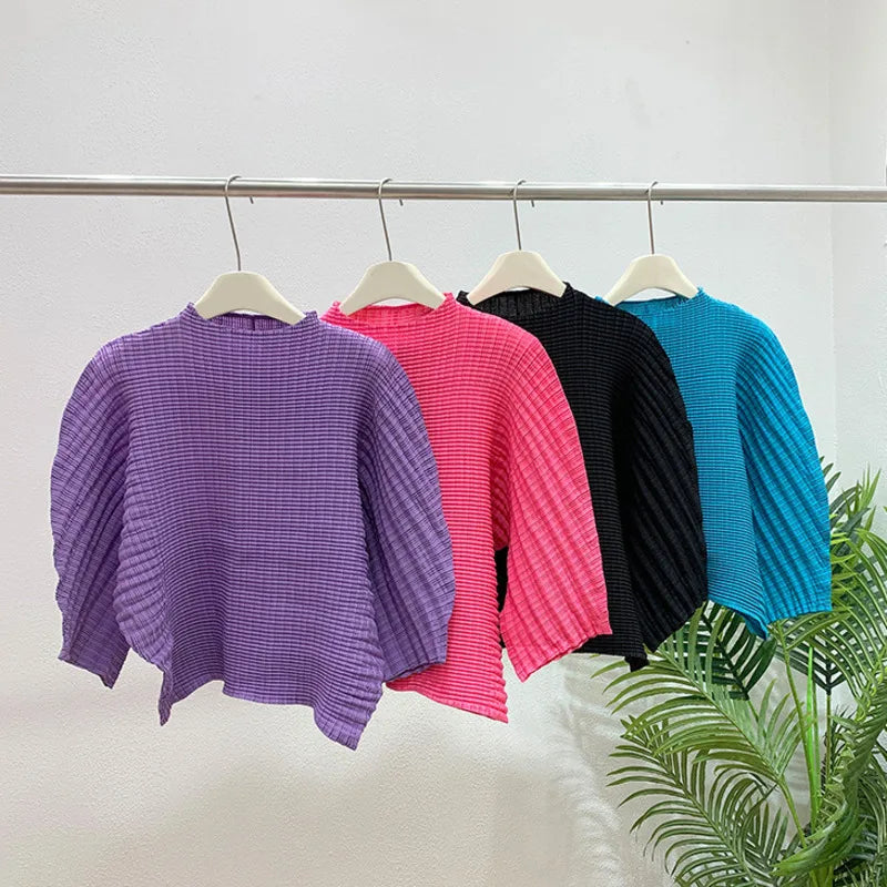 LANMREM Handmade Pleated Stand Collar Pullover Women's T-shirt 2025 Autumn Batwing Three Quarter Sleeve Loose Top New 2DB5251