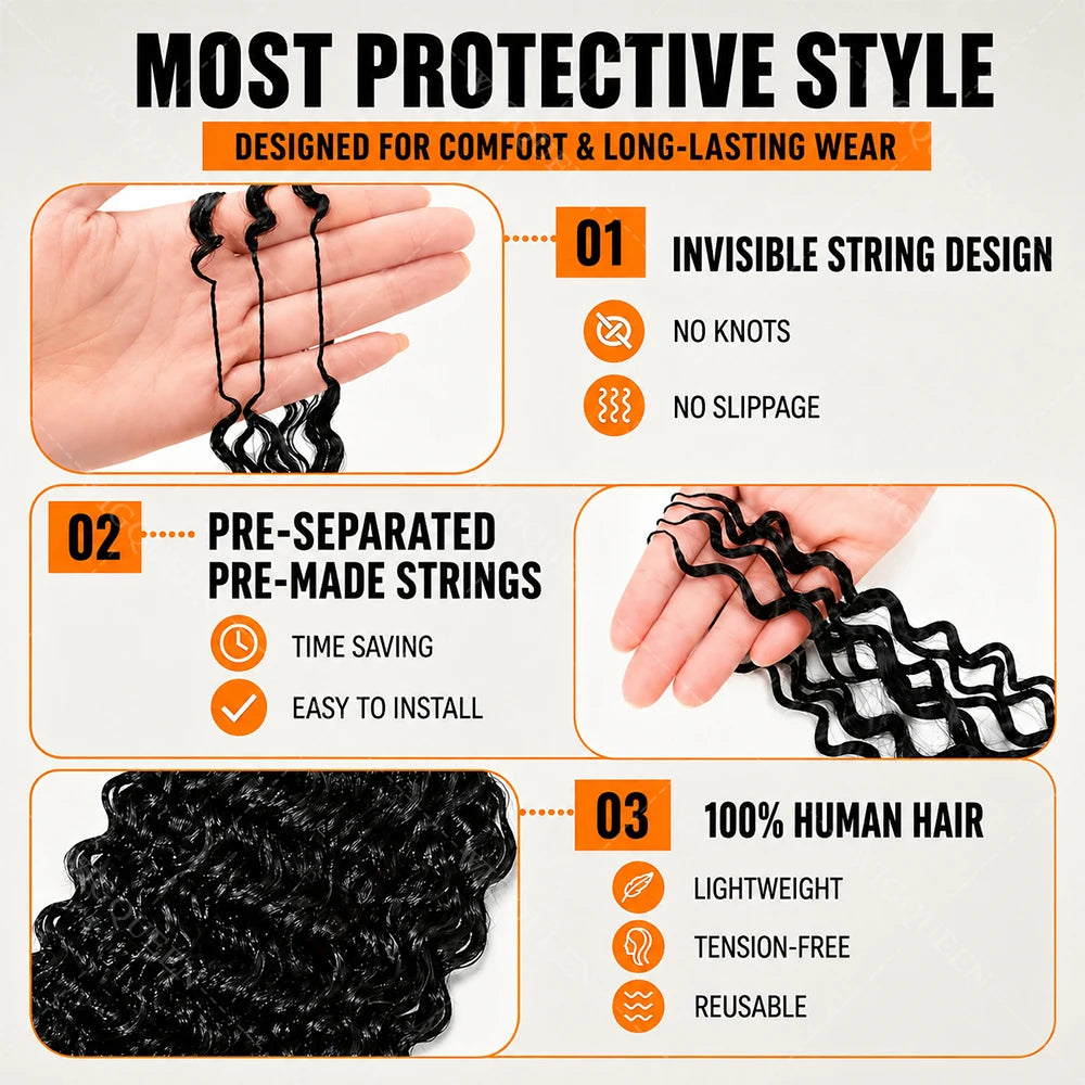 15A Small Spirals Curly Miracle Knots Feather Crochet Human Hair For Boho Braiding Invisible Knot PreSeparated Knotless Kinky Curly Crochet Human Hair Extensions Reusable Pre looped Natural Black Crochet Bundles With String Bulk 100% Human Hair Extensions