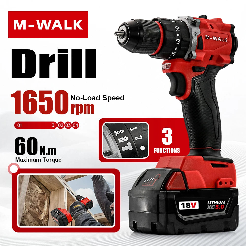 M-WALK Professional Brushless Impact Drill Compact & Lightweight Design Stepless Electric Drill For M 18V Battery Pin