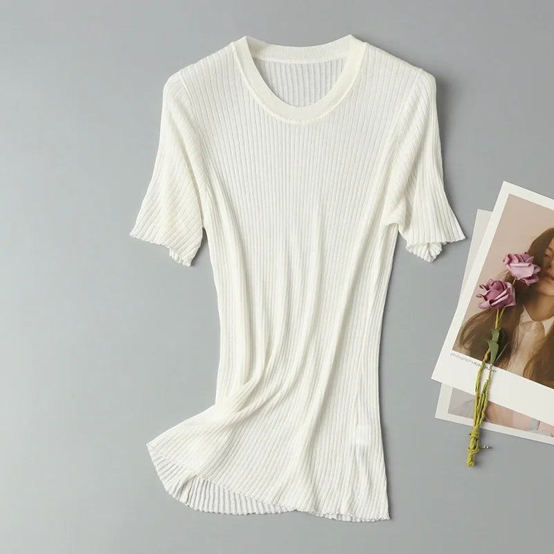 Birdtree, 70% Spun Silk 30% Cotton T Shirt, O-neck Solid Soft Tops, Women's Short Sleeve Bottoming Shirt, 2026 New T61035JF
