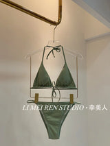New Green Knitted Hollow Neck Strap Skirt Split Bikini Swimsuit Women's Set