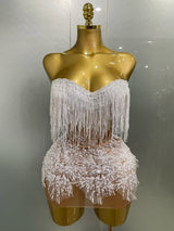 2025 Sexy Pearl Sequins Tassel Sleeveless Glitter Mini Dress Women Singer Bar Nightclub Stage Performance Clothing Show Outfit