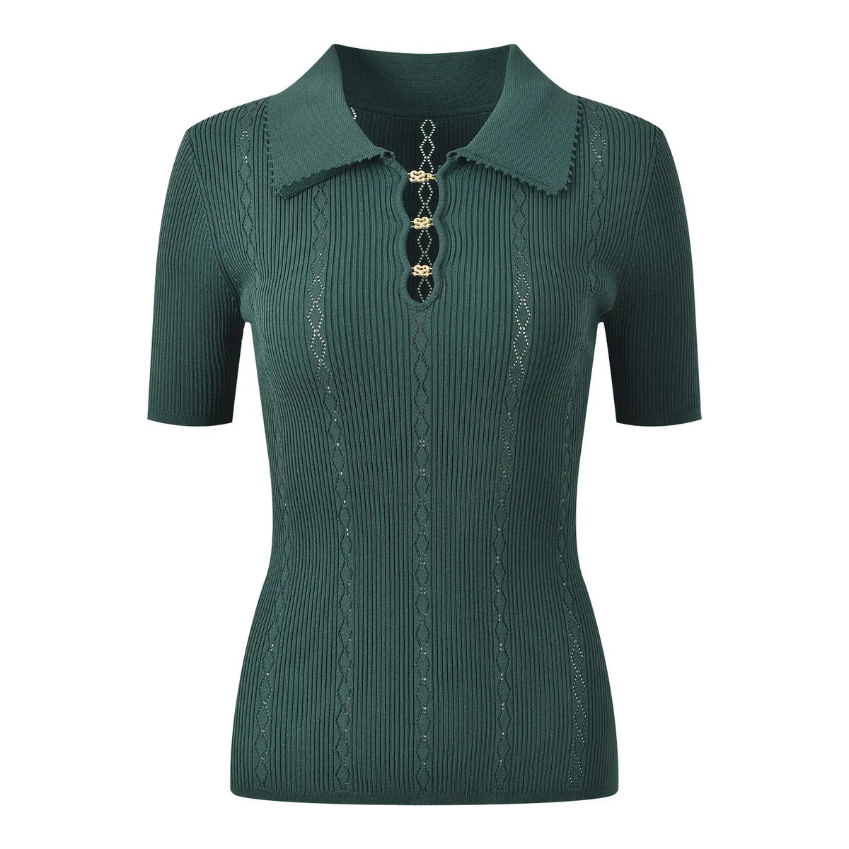 Twisted Knit Sweater T-shirt Women Summer Fashion Buttons Hollow Out Short Sleeve Top Office Lady Turn-Down Collar Knitwear Tee