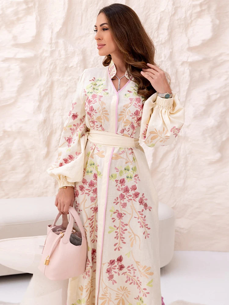 Retro Floral Print Women's Long Dress With Tassel Belt Stand Collar Long Sleeve Muslim Kaftan Dresses 2026 Spring New Lady Robes