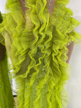 Women Luxury Green Prom Gowns Sleeveless Turtleneck Rhinestones Mesh Ruffles Transparent Maxi Long Evening Party Stage Costumes