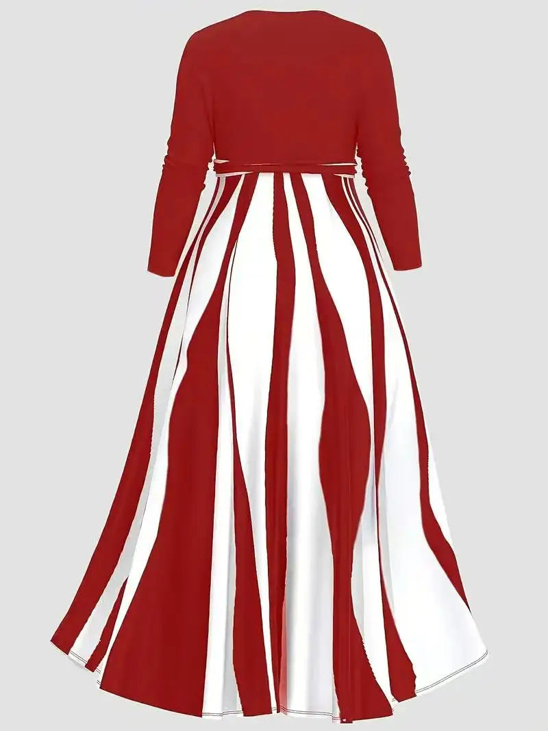 Plus-Size Women's V-Neck Elegant Long-Sleeved Striped Color-Block Dress