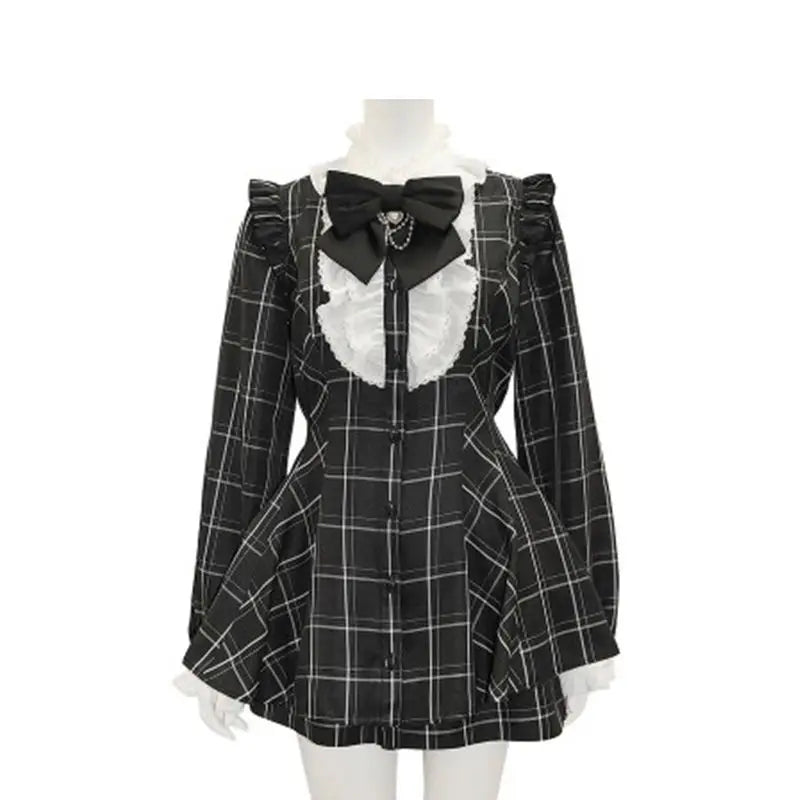 Japanese Style Gothic Y2k Lolita Plaid Rhinestone Bow Dress Shorts Set Sweet Women Puff Short Sleeve Button Shirt Party Dresses