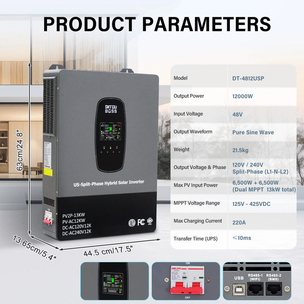 DATOUBOSS 12KW Solar Hybrid Split-Phase Inverter US Standard 240V Battery-Free Mode UPS Uninterruptible Power Supply Off-Grid