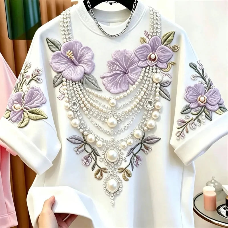 Fashion Bead Flower Embroidery Loose Short Sleeved T-shirt 2026 Summer New Lazy Style Casual Top Men's and Women's Clothing