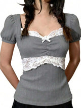 Womens Pink Puff Sleeve Sweetheart Neck Lace Patchwork Slim Fit Top