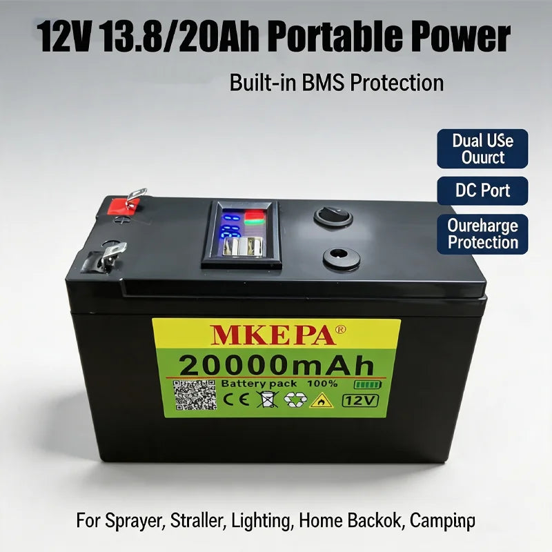 12V 13.8/20Ah Portable Battery USB & DC Ports For Sprayer,Phone Charging,Lighting,Home Backup Power,Camping & Outdoor Activities