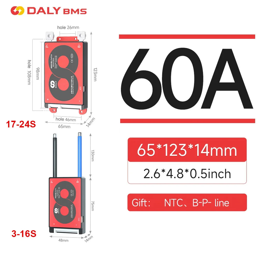 Daly Hardware BMS 12V-72V 15A 20A 40A 60A 100A 150A 200A Li-ion LiFePo4 3S 4S 6S 7S 8S 12S 13S 14S 16S 17S 20S 24S NTC Balance