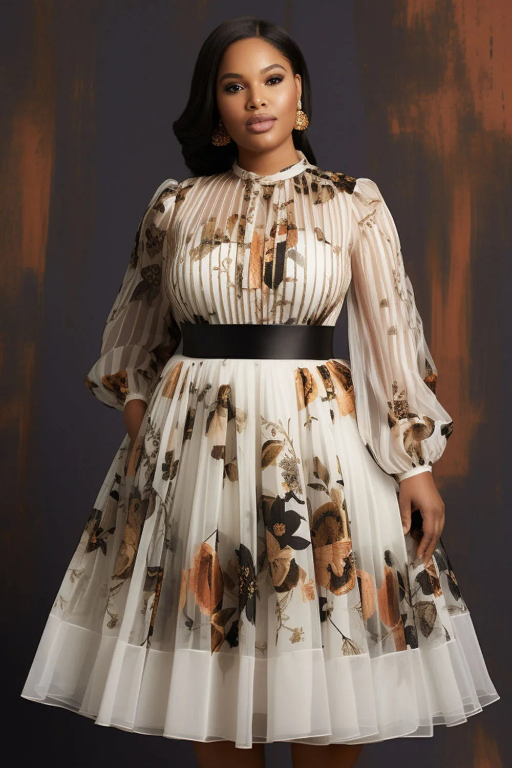 Plus Size Daily White Floral Round Neck Long Sleeve See Through Chiffon Midi Dresses (Without Belt)