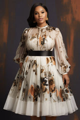Plus Size Daily White Floral Round Neck Long Sleeve See Through Chiffon Midi Dresses (Without Belt)