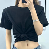 Y2k Knotted Twist Tee Women's T-Shirt Summer New Elastic Short Sleeved Solid Color Top Round Neck Pullover Pure Cotton Crop Top