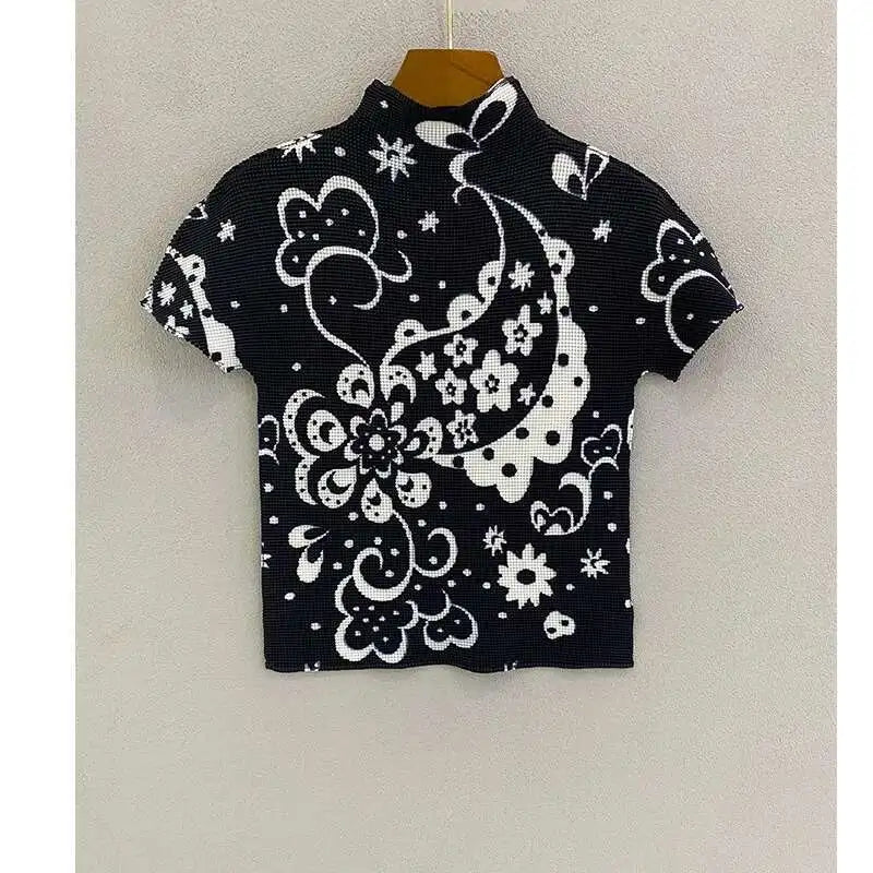 GVUW Printing Pleated T Shrit Woman Turtleneck Short Sleeve Pullover Elastic Slim Fit Tops High Street 2025 New Summer 17G1040