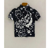 GVUW Printing Pleated T Shrit Woman Turtleneck Short Sleeve Pullover Elastic Slim Fit Tops High Street 2025 New Summer 17G1040