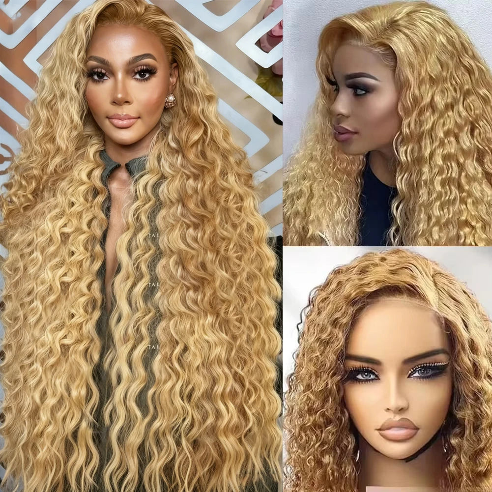 Highlight Deep Wave Lace Front Wigs Honey Blonde HD 13x6 Transparent Frontal Wigs 220 Density #27 Curly Wig Human Hair 26-32Inch
