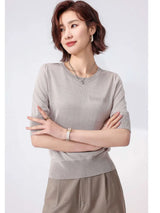 Women 5% Mulberry Silk Knit T-shirt Spring Summer Thin Half Sleeve Knitwear Pullover Tops
