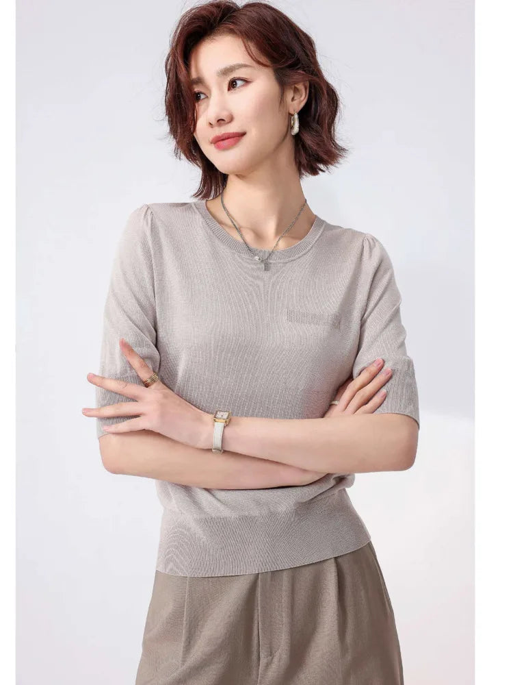 Women 5% Mulberry Silk Knit T-shirt Spring Summer Thin Half Sleeve Knitwear Pullover Tops