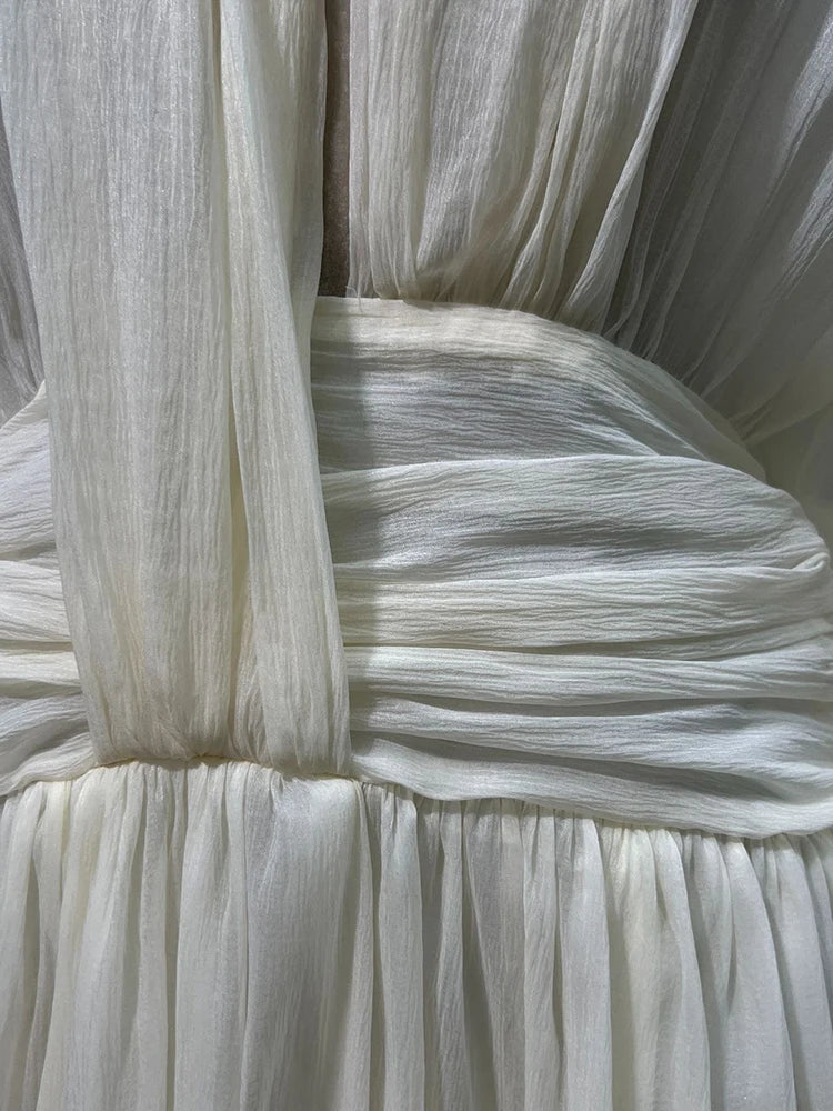 IEQJ Fashion Beige Dress Women's Deep V-neck Loose Lantern Sleeves High Wiast A-line Dresses Autumn New 3A433