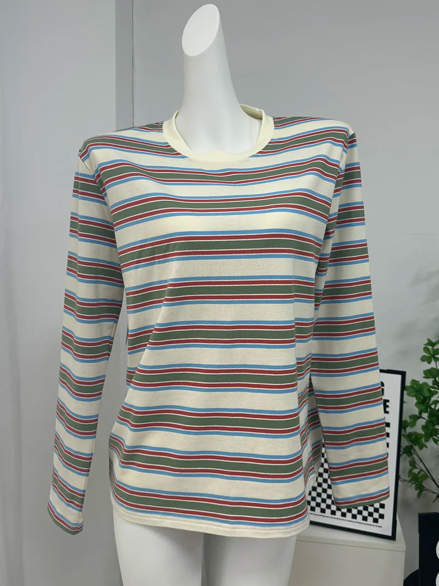 Hirsionsan Long Sleeve Striped T Shirt Women 2025 Spring autumn Oversized 100% Cotton Tshirts Female Casual Chic Tees Girls Tops
