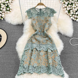 Retro Court Sle round Ne Fly Sve Slimming Soluble Hook Flower Hollow A-Line Dr Summer New Arrival Women's Faion